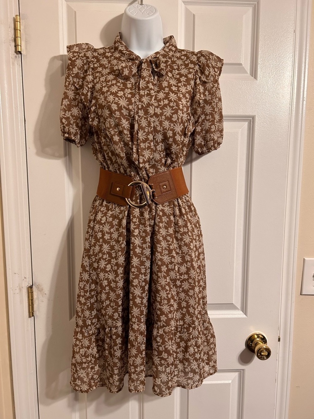 Monteau Brown Floral Midi Dress with Puff Sleeves